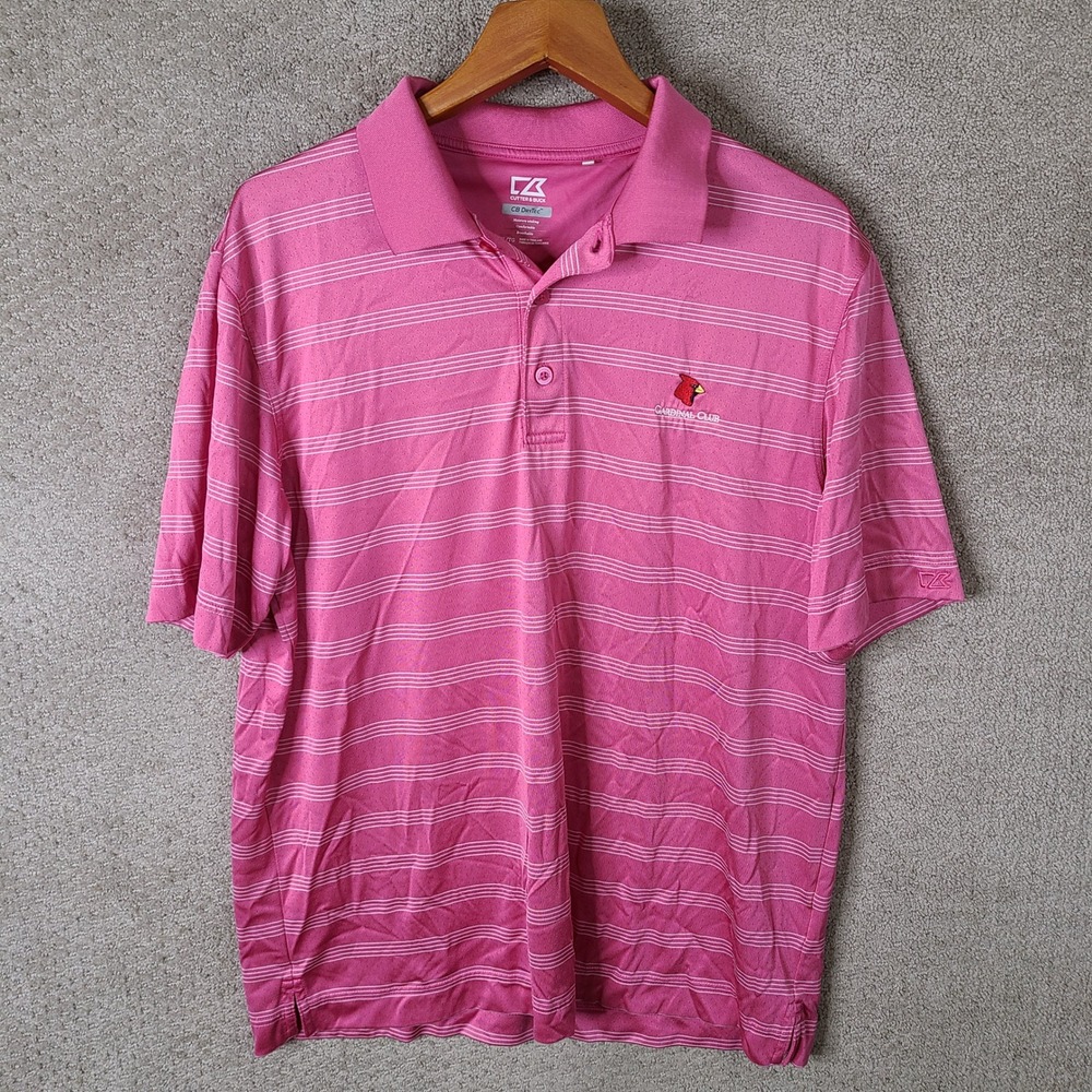 Cutter &‎ Buck Shirt Mens XL Pink Striped Polo Cardinal Club Polyester Golf